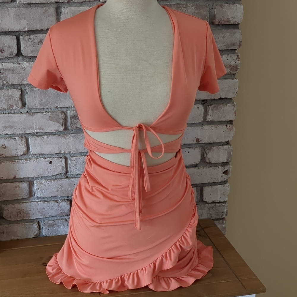 Medium Shein Dress Orange Tie Front Ruffle Ruched
